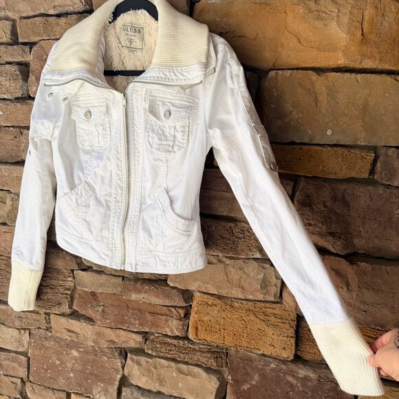 Y2K Guess White Fur Cropped Utility Moto High Neck Convertible Full Zip Jacket S - Picture 6 of 16